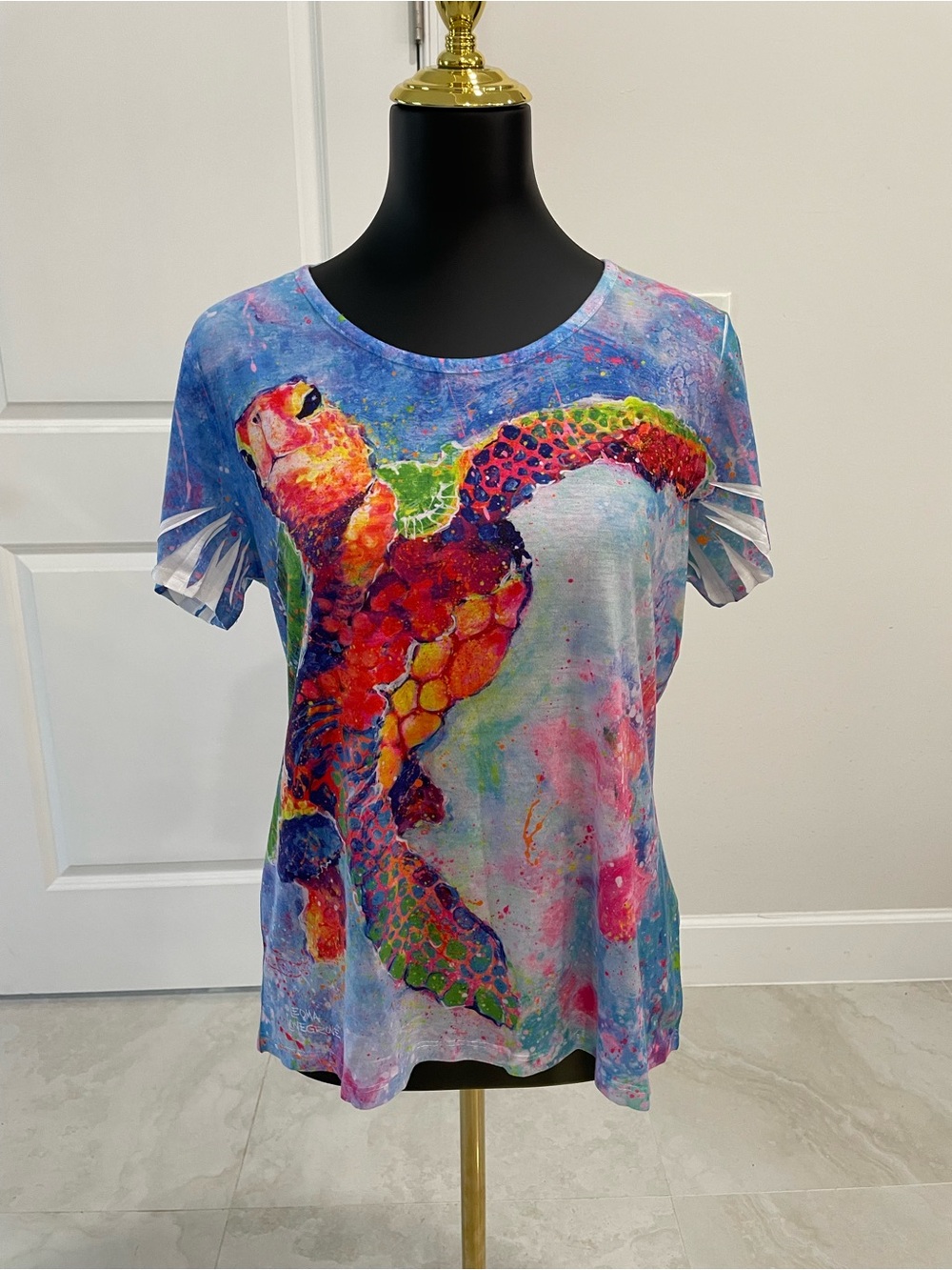 Leoma Lovegrove Wearable Art Sea Turtle Watercolor Pleated Sleeve Top M
